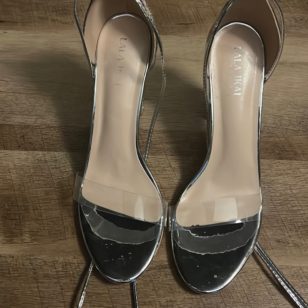 Metallic Lace Up Heels With Rhinestone Back